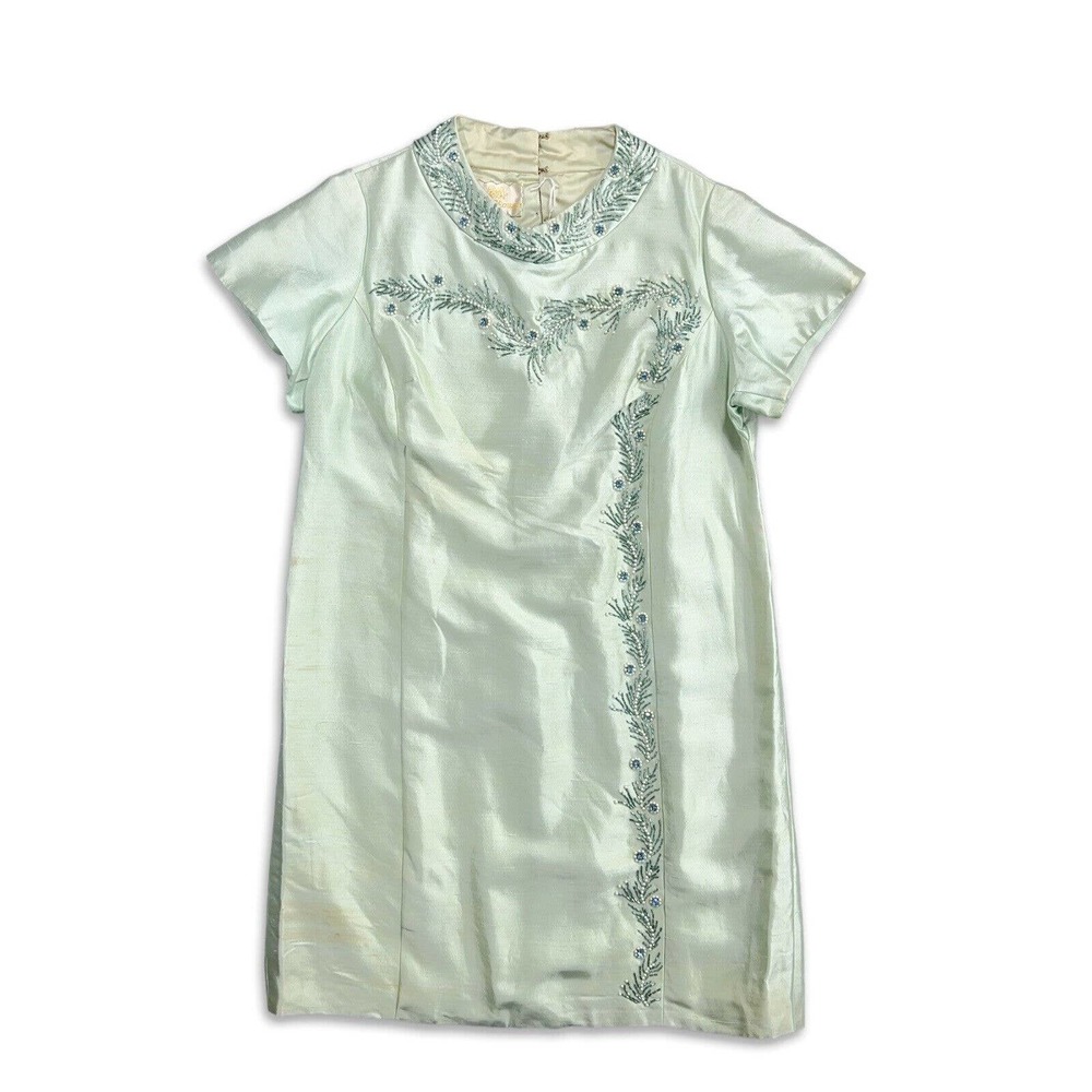 VINTAGE 50S GREEN BEADED FLORAL CREPE CHEONGSAM QIPAO DRESS L/XL